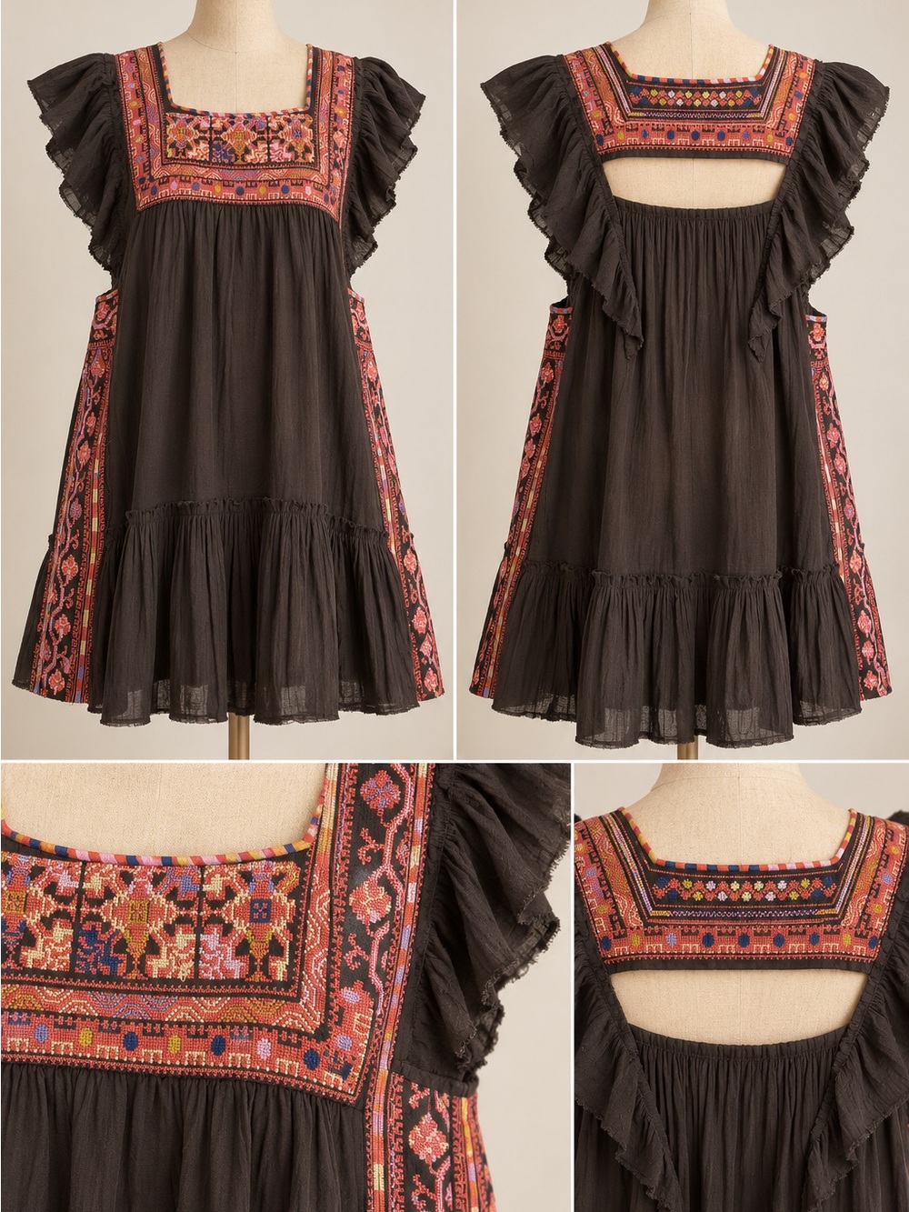 Free People Black Mini Dress with Multicolor Embroidered Yoke